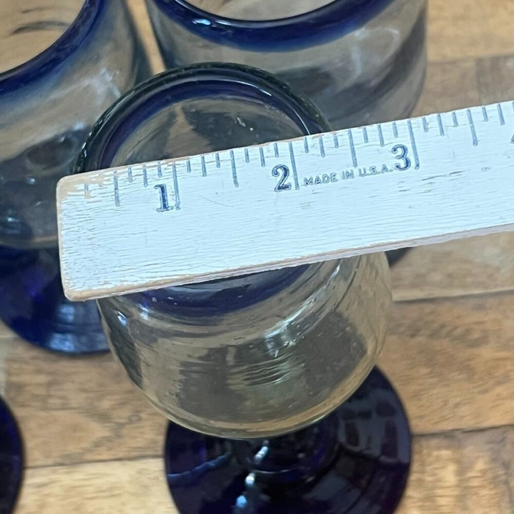 Mexican Hand Blown Goblets Drinking Glasses Cobalt Blue Rim Set of 5 - Picture 10 of 12